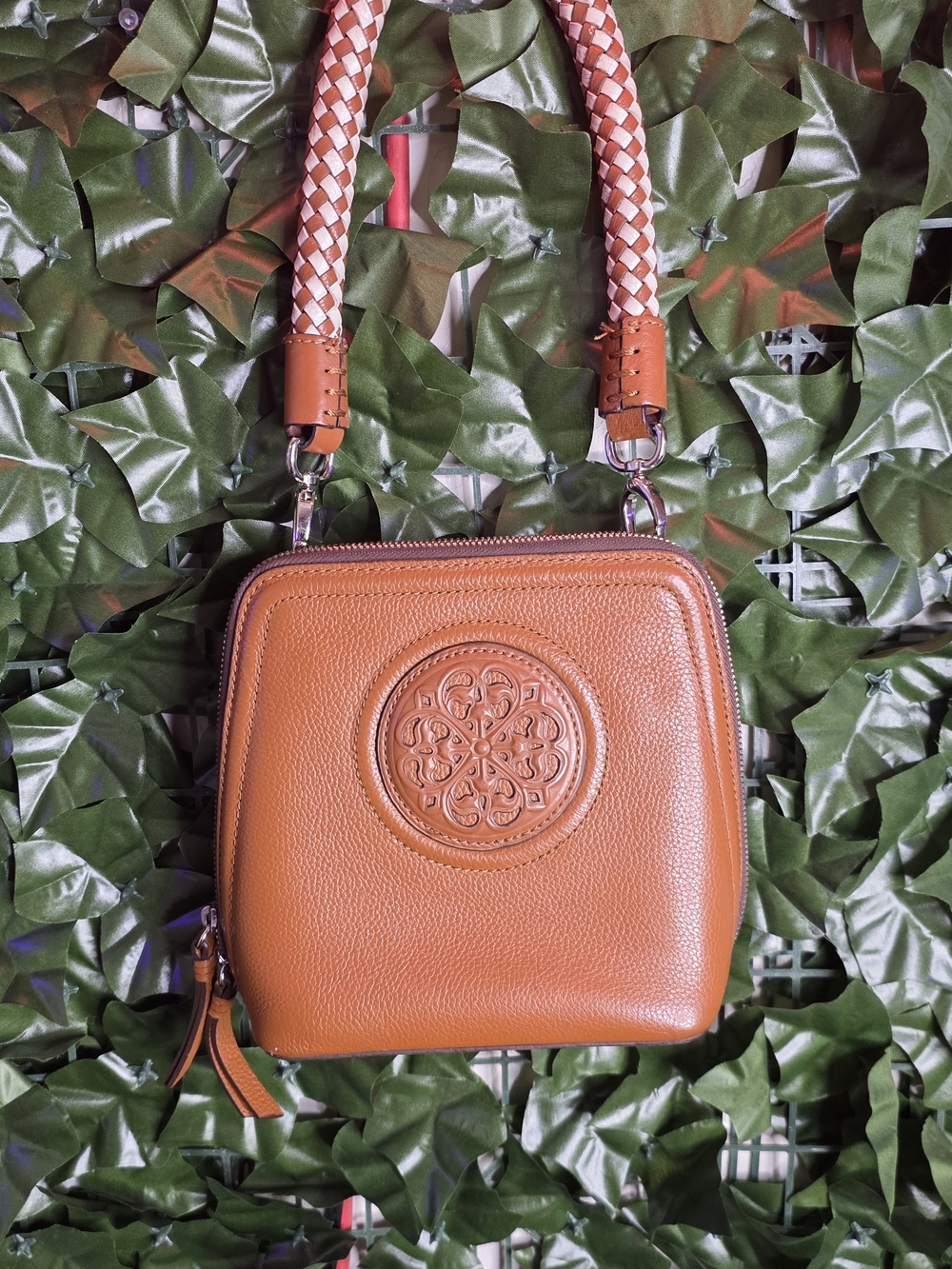 Brighton Tan Leather Crossbody Bag with Braided Strap